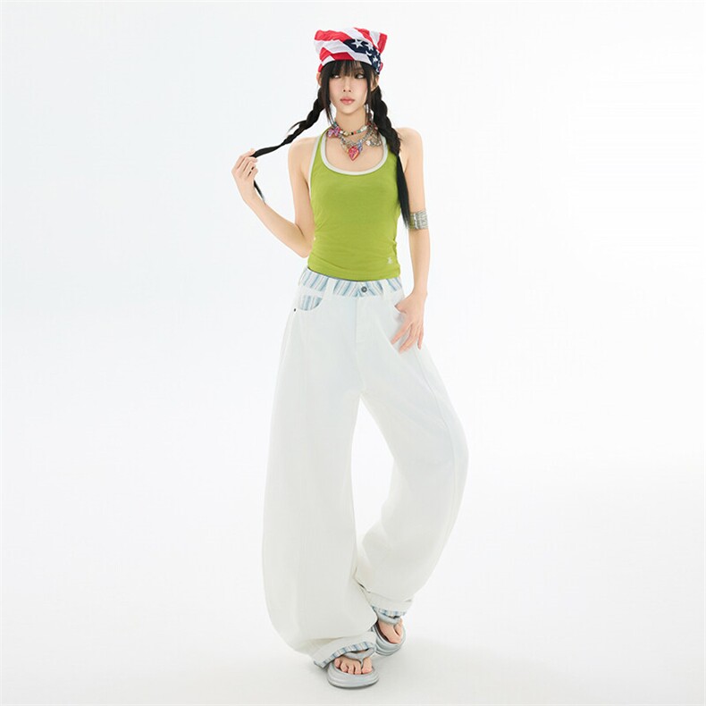 白色条纹拼接阔腿牛仔裤男女2026夏季宽松垂感拖地裤YD9025-P60,男装牛仔裤,星座509
