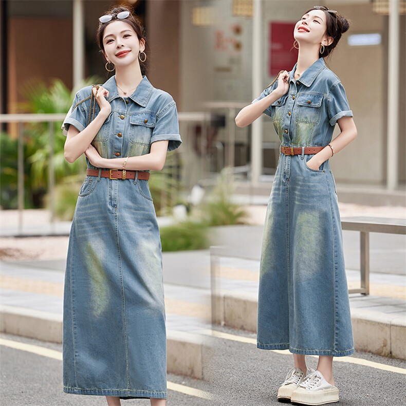 复古短袖牛仔连衣裙女2025夏季新款薄款气质收腰高级感开叉长裙子，女装连衣裙，印象茜
