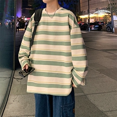 港风麂皮绒圆领条纹拼接卫衣男宽松长袖T恤打底衫Y5533P45，男装T恤，星座1204-3