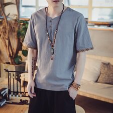T97*2021夏季男士中国风棉麻短袖T恤衫灰蓝*P25，男装T恤，星座1516（原B303）