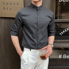 夏季男士七分袖条纹衬衫立领男休闲修身休闲衬衣A236-C661-P58，男装衬衫，电商A236