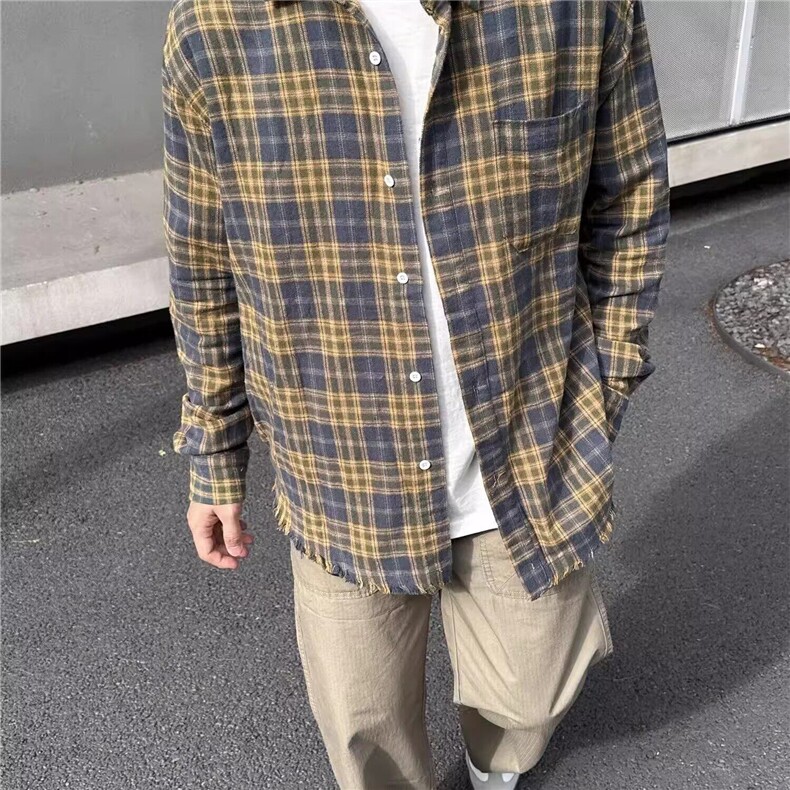 格子长袖衬衫男秋冬厚款双口袋工装磨毛衬衣宽松大码复古休闲外套,男装衬衫,星座506A