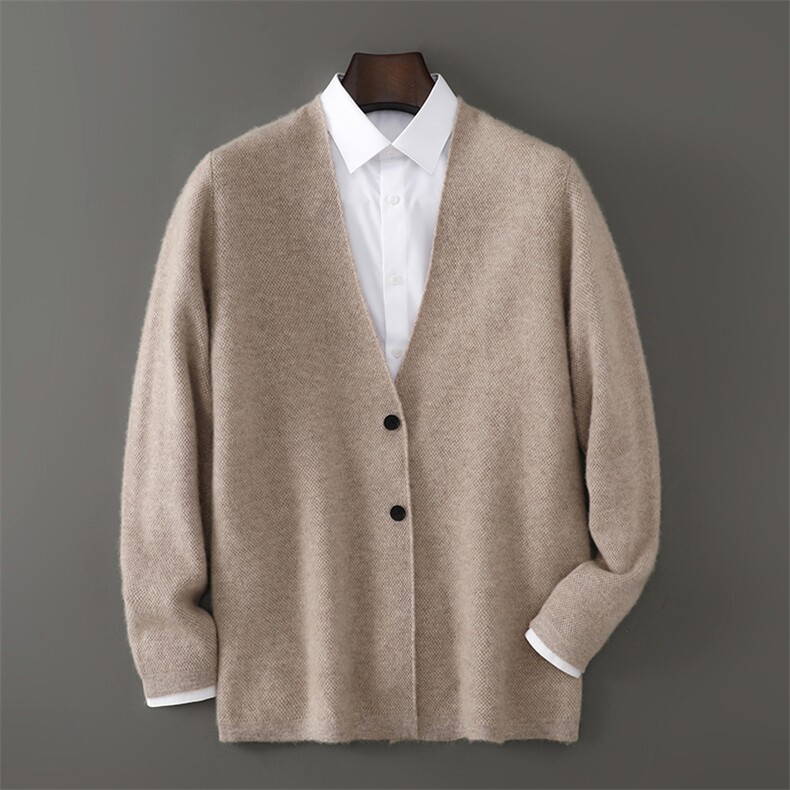 2025百搭时尚深v开衫双扣简约百搭，男装羊毛衫，千国羊绒