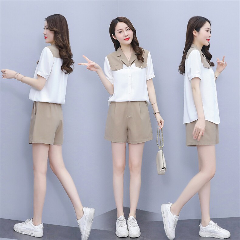 两件套2023夏季新款质感撞色拼接衬衫裤子套装女,女装套装/套裙,雅佳俏