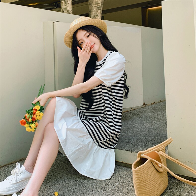 【现货】主推圆领宽松学院风休闲拼接条纹连衣裙短袖中长款,女装连衣裙,韩秀