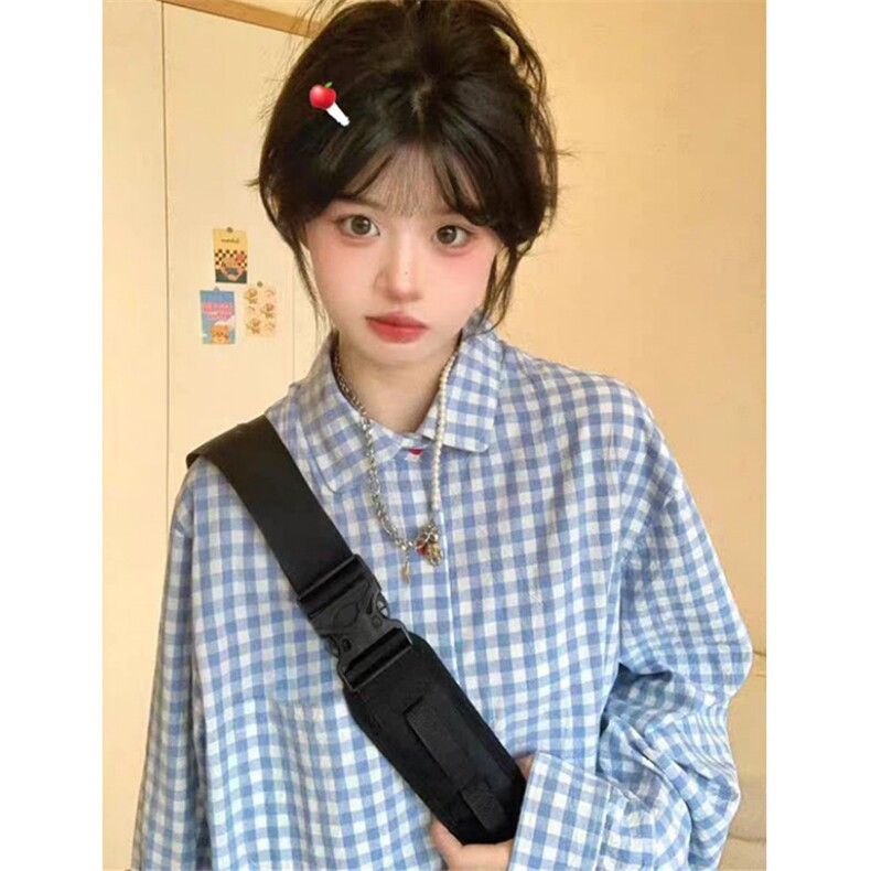 小清新蓝色格子衬衫女秋冬宽松叠穿休闲设计感长袖CS3240,男装衬衫,星座1116A（原606A-3）
