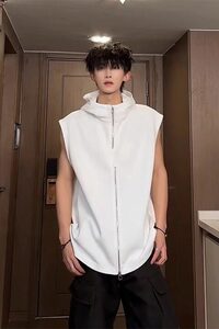 连帽背心男夏季拉链设计感小众美式高街潮牌重磅坎肩宽肩无袖图片