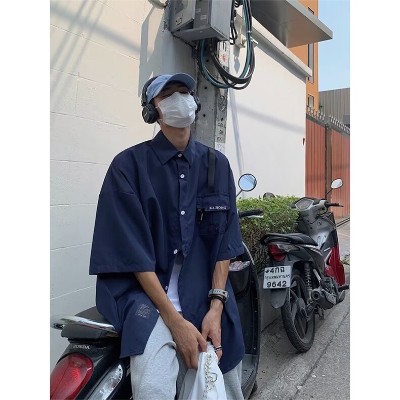 夏季拼接短袖衬衫男宽松ins潮牌衬衫 P35图片