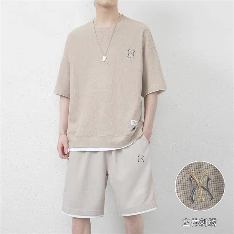 网图7538-P55男夏季短袖短裤家居服薄款宽松休闲华夫格运动套装,男装牛仔裤,电商D310B-1