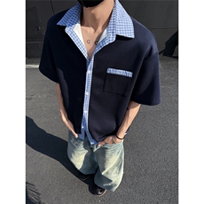 格子拼接撞色夏季潮流假两件衬衫男士翻领短袖休闲百搭BF半袖P40，男装T恤，电商C306-1