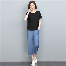 天丝上衣女夏2025新款中年妈妈宽松圆领红色短袖T恤休闲洋气小衫，女装套装/套裙，涵誉