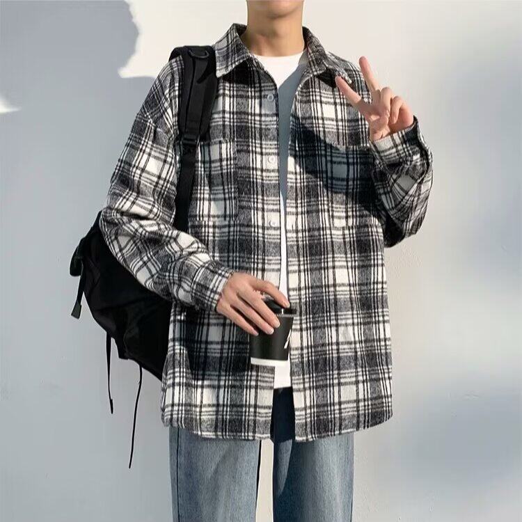春秋季美式复古格子衬衫男生春秋款高街翻领长袖衬衣潮牌大码外套图片