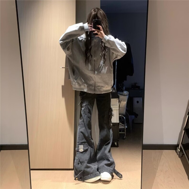 美式复古设计感多口袋牛仔裤女宽松直筒阔腿工装裤子LB51144-P81,男装牛仔裤,星座1008