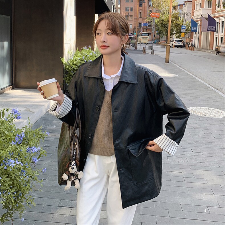 新款现货主推袖口拼接皮衣外套9878-P155-K218,女装皮衣,2C129