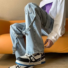美式vibe裤子ins高街潮牌绑带牛仔裤男直筒拉链工装裤K3261-P57，男装牛仔裤，星座412