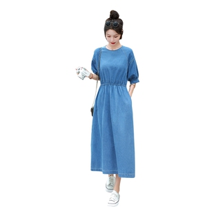 海军领披肩牛仔连衣裙女夏季薄款2025新款抽绳宽松显瘦休闲长裙子图片