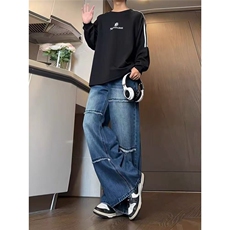 美式复古水洗男牛仔裤秋新款高街设计感宽松阔腿长裤AMA376P53，男装牛仔裤，星座1013-5