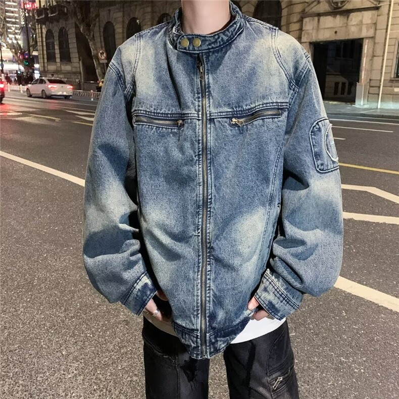 美式复古做旧水洗牛仔外套男潮牌高街设计感宽松休闲痞帅工装夹克图片