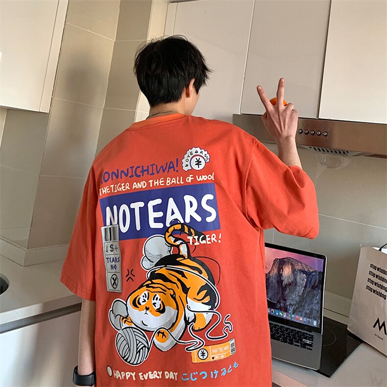 2023夏新款港风个性萌虎印花宽松圆领短袖T恤上衣T2206-P48,男装T恤,星座914-3