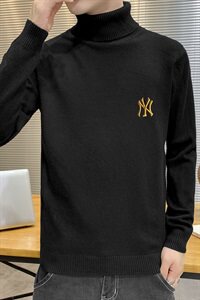 秋冬可翻高领毛衣男NY纯色长袖男刺绣毛衫打底针织衫黑M251P33图片