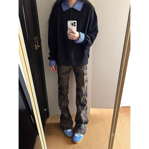 美式高街微喇男女显瘦迷彩工装裤弹力修身牛仔裤SG608 P44图片
