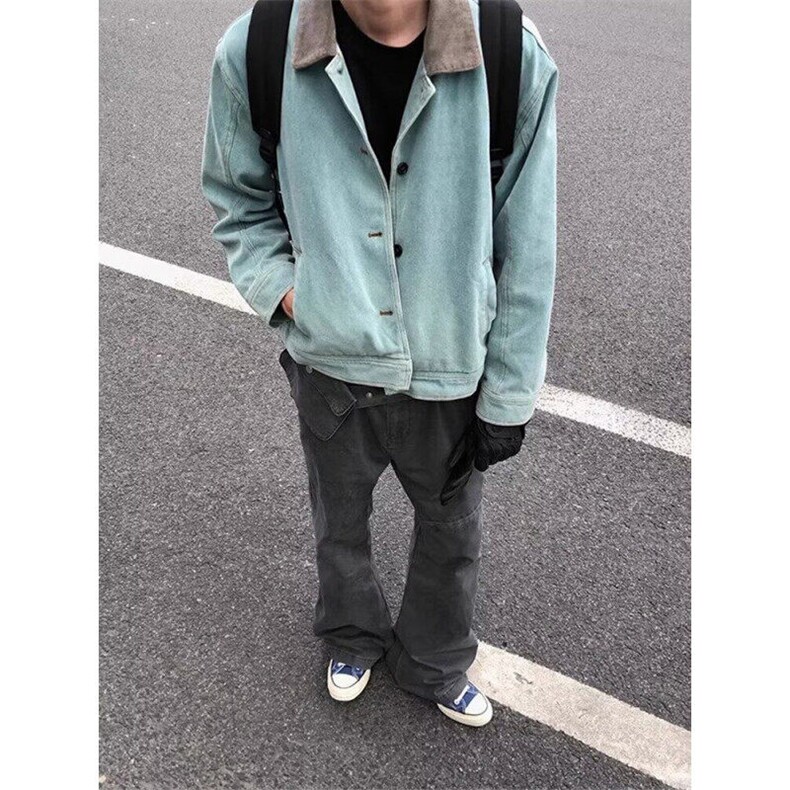 湖水绿短款外套男春秋冬季美式cleanfit底特律撞色翻领工装夹克，男装夹克，星座506A