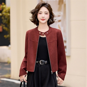 休闲外套女2026春秋新款小个子洋气百搭短款美式复古立领麂皮夹克图片