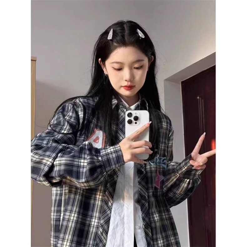 美式复古长袖格子衬衫外套女春秋幂式穿搭设计感小众刺绣防晒衬衣，男装防晒衣，星座506A