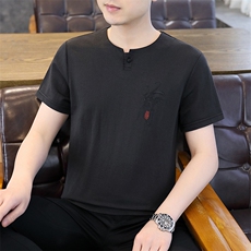 2025夏季棉麻透气清凉男士风盘扣短袖休闲T恤上衣XF9802-P50，男装T恤，星座1105-3