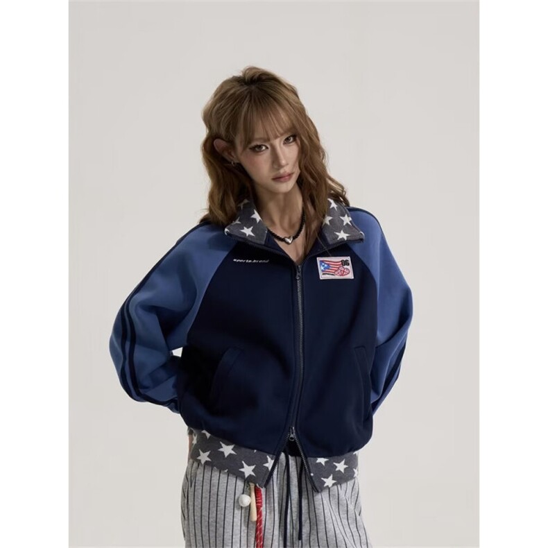 1506-1/WW281/P63复古星星立领运动开衫卫衣外套男女秋季百搭时尚图片