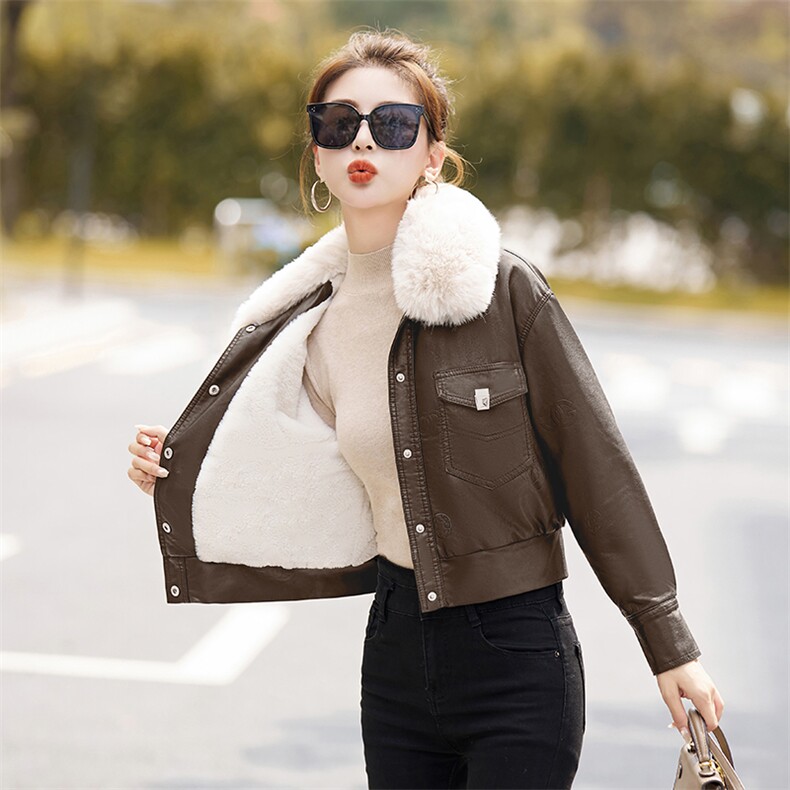 2024年冬季新款加绒保暖休闲皮衣外套（毛领可脱卸），女装短外套，臻衣坊