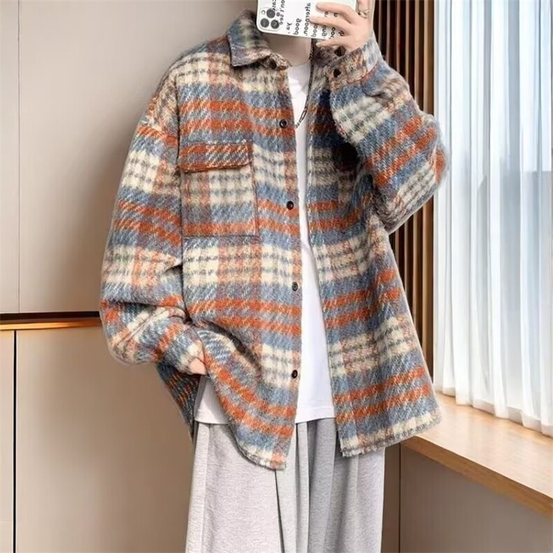 磨毛格子衬衫女长袖春装大码宽松复古叠穿上衣中长款格纹衬衣外套,男装衬衫,星座506A