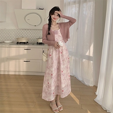 法式碎花吊带连衣裙两件套女2025年春季新款甜美风温柔披肩小个子，女装套装/套裙，2C057