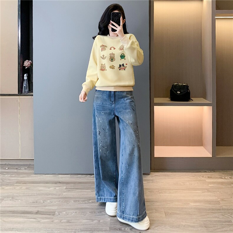 休闲时尚套装女春季新款洋气减龄圆领印花长袖卫衣牛仔长裤两件套,女装套装/套裙,2C310