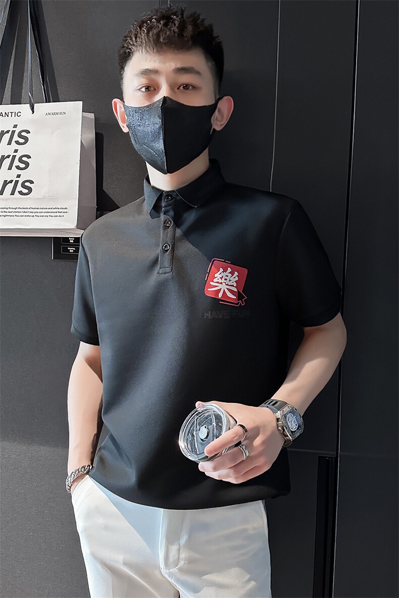 2025夏季新款短袖印花T恤黑色翻领Polo衫半袖体恤男C208-8885-P38,男装T恤,电商C208