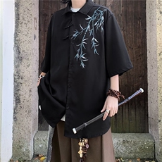 新中式风竹子刺绣短袖衬衫男夏季休闲唐装外套痞帅高级感衬衣服，男装衬衫，星座1013