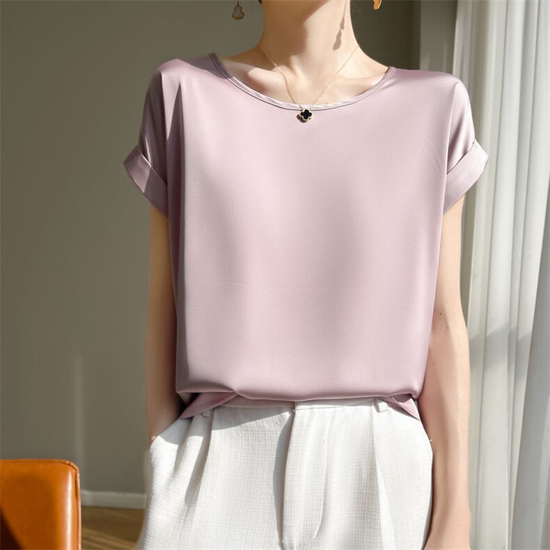 重磅丝滑新款缎面短袖t恤女夏季圆领宽松简约粉色内搭超好看上衣，女装衬衫，羊特美羊绒