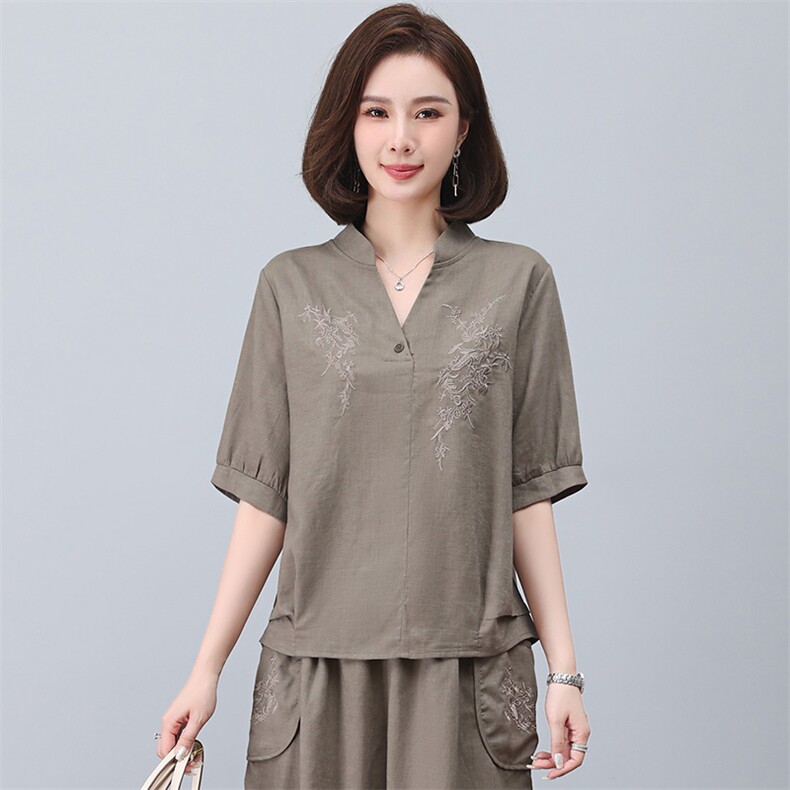 亚麻衬衫女短袖2023年新款夏季刺绣衬衣v领小衫妈妈气质苎麻上衣,女装T恤,忆绮罗