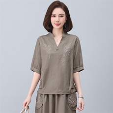 亚麻衬衫女短袖2023年新款夏季刺绣衬衣v领小衫妈妈气质苎麻上衣，女装T恤，忆绮罗