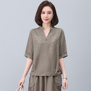 亚麻衬衫女短袖2023年新款夏季刺绣衬衣v领小衫妈妈气质苎麻上衣图片