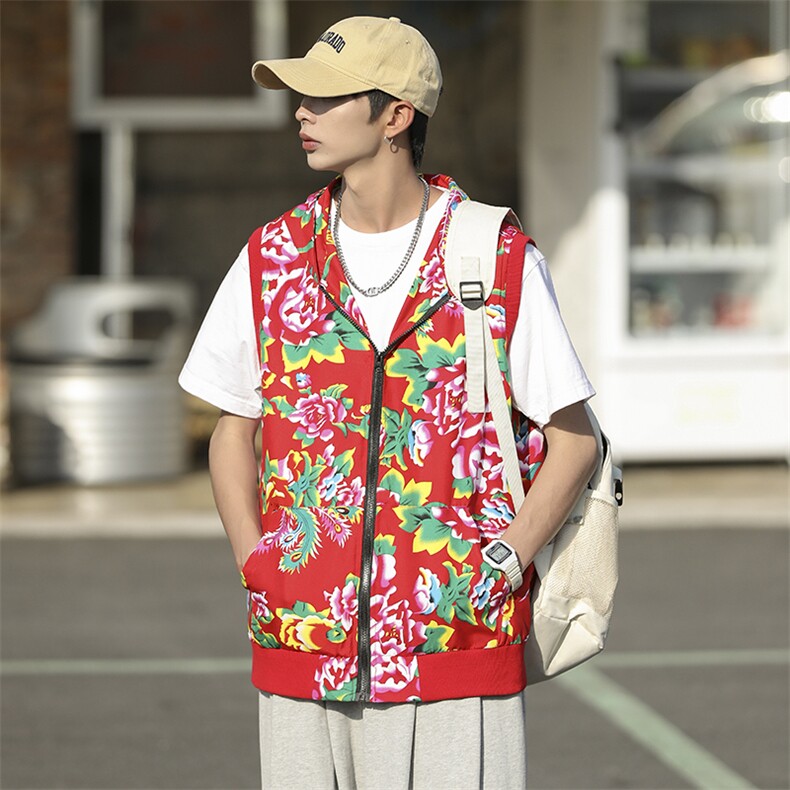 B02东北大花连帽拉链大码新中式汉服民族特色马甲背心坎肩潮男女,男装背心/马甲,星座115A(原星座507）