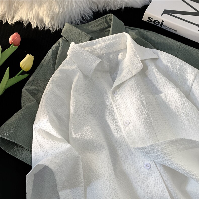 夏季新款日系泡泡哥纯色短袖衬衫大码宽松简易男女衬衣CS218-P28，男装衬衫，星座222-7