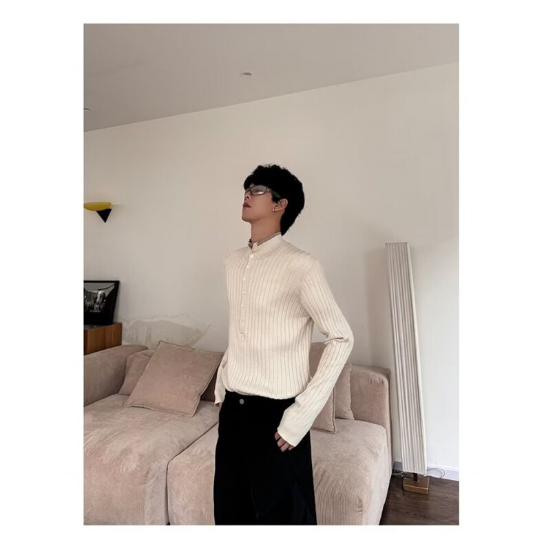 秋冬亨利领针织衫毛衣男修身韩版粗条纹纯色打底衫时髦,男装T恤,四季星座505