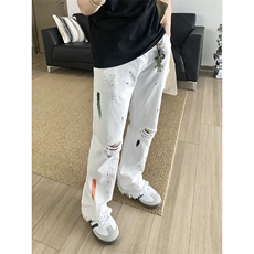 B221美式ins高街暗黑喷墨休闲破洞微喇牛仔裤LK23088-P65控88，男装牛仔裤，电商B221