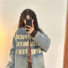 J3355-P70美式潮牌棒球服字母贴布牛仔外套男宽松春秋情侣撞色，男装工装外套，电商B323A