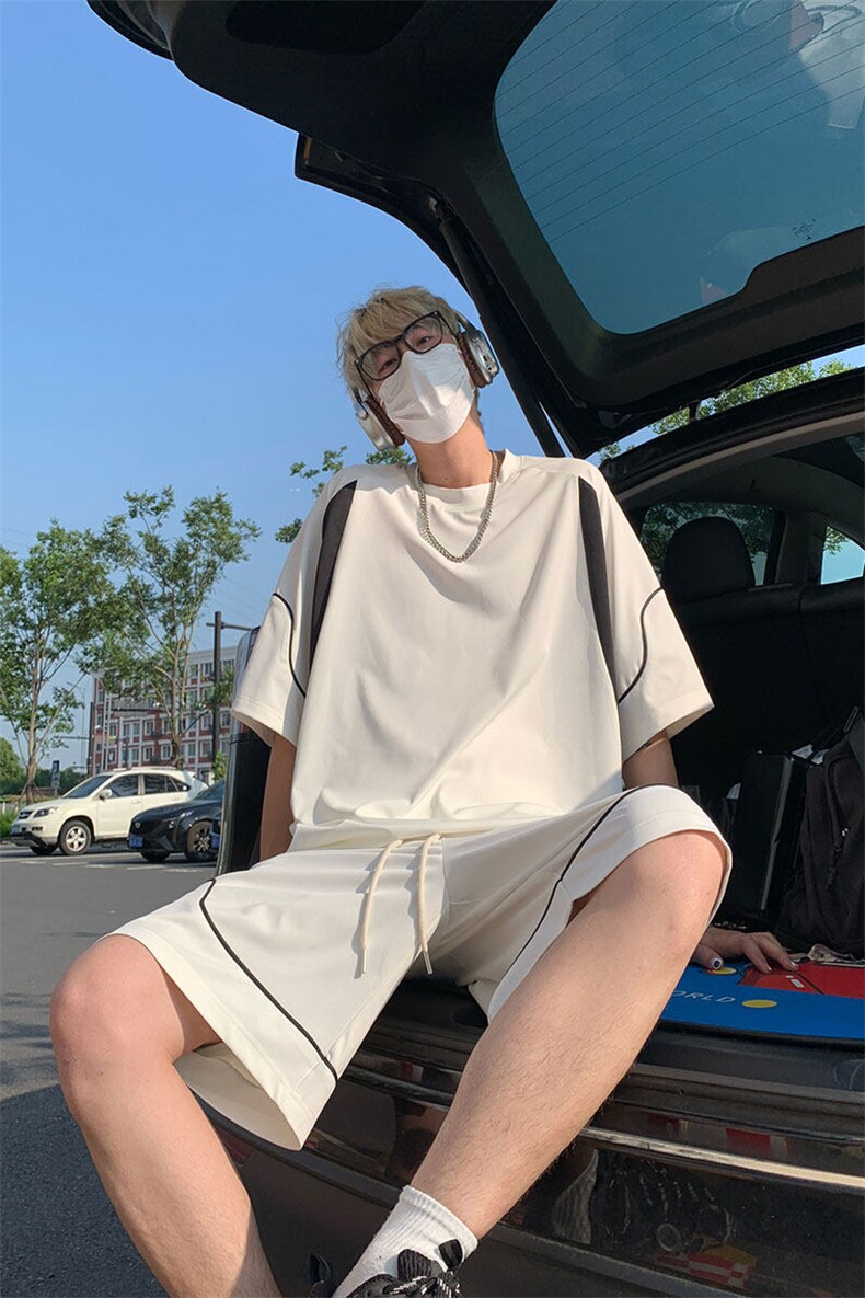 美式拼接短袖T恤套装上衣T3688特P27控58-裤子DK8650特P26控49,男装T恤,电商A007