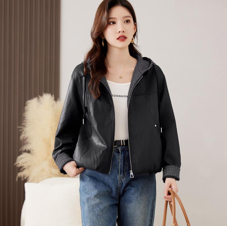 宽松洋气短款皮衣外套女2025秋新款高级感小个子连帽pu皮夹克,女装皮衣,仁梯