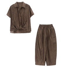 妈妈装时尚天丝套装女夏2025新款宽松洋气短袖衬衫洋气休闲两件套，女装套装/套裙，雪樱依海