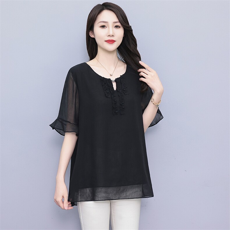 大码雪纺小衫夏季短袖衬衫T恤宽松中年胖妈妈装200斤胖MM冰丝上衣,女装蕾丝衫/雪纺衫,深妍伊美
