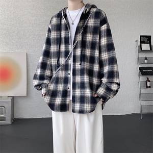 S-3XL 色织格纹连帽衬衫男宽松美复古磨毛黑白格子外套CS535P48特图片